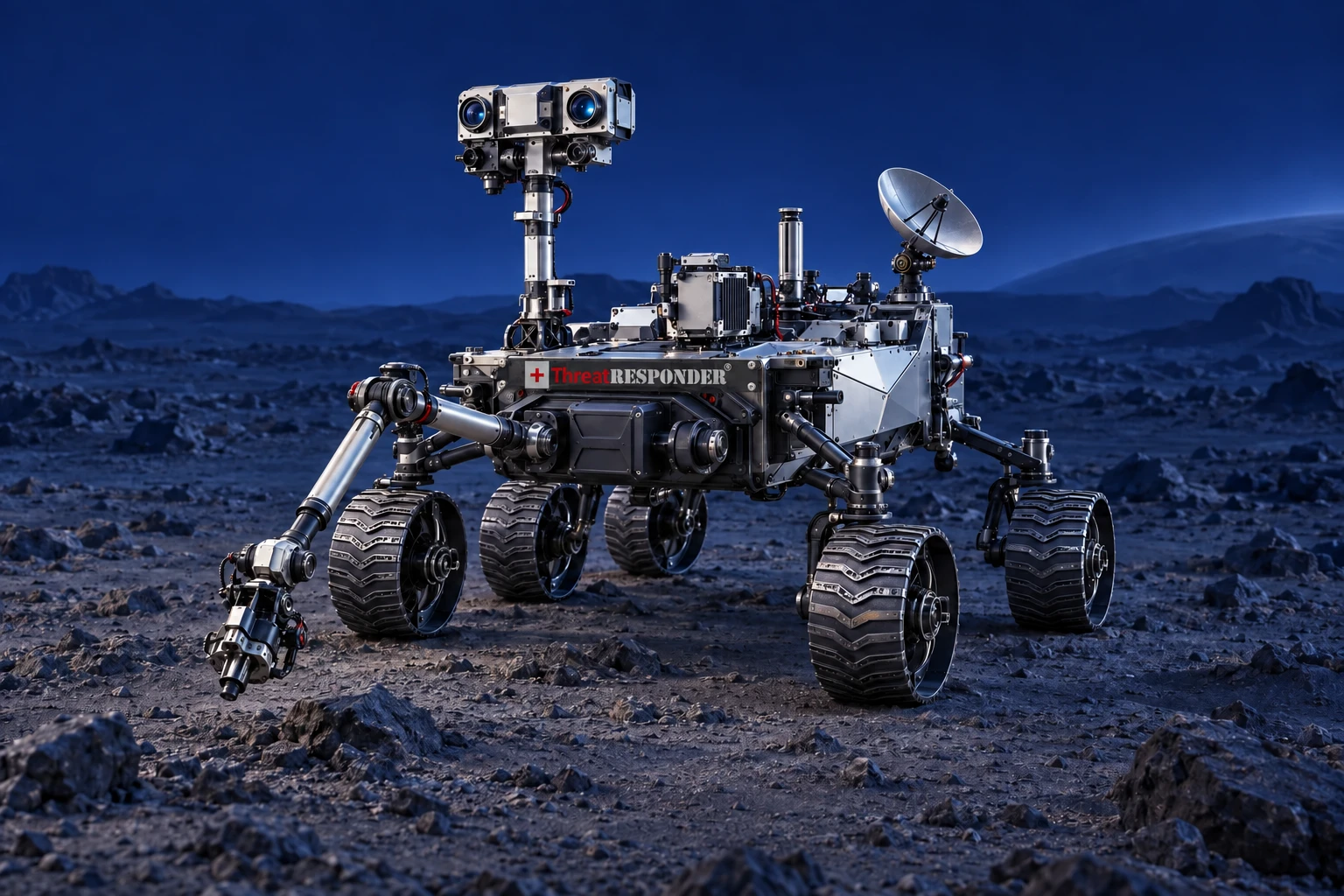 Conceptual exploration rover with the ThreatResponder logo on its chassis, standing for the agent with its capabilities connected to it
