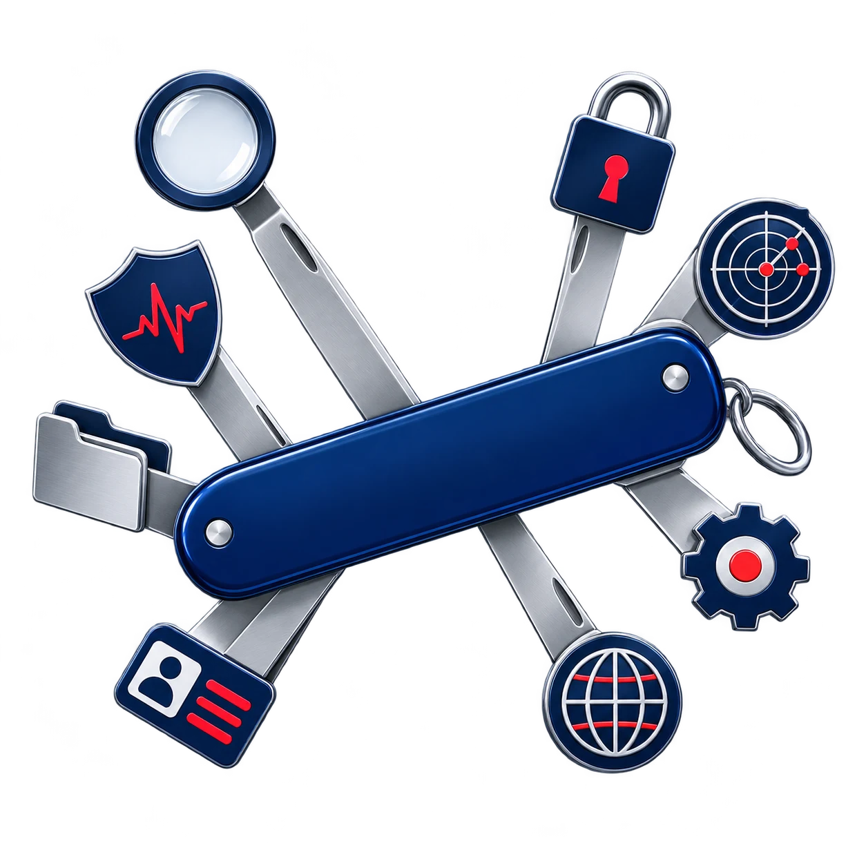 A navy multi-tool with a magnifying glass, shield, evidence folder, identity badge, padlock, radar, gear and globe.
